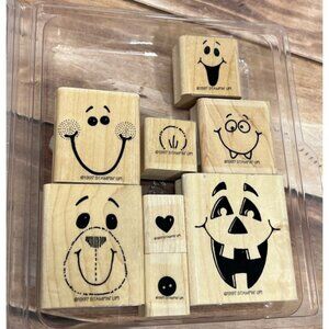 1997 STAMPIN' UP! FUN FACES Wood Mounted Rubber Stamp set of 8 PUMPKIN HALLOWEEN